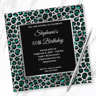 Blaue, schwarze und silberne Leopardin Glam 50. Ge Einladung