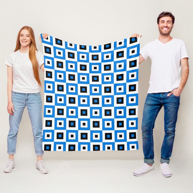 Blaue schwarze und weiße karierte Quadrate Muster Fleecedecke (Von Creator hochgeladen)
