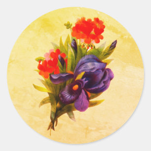 Blaue Schwertlilien-Blumenstrauß-Vintage-Kunst Runder Aufkleber