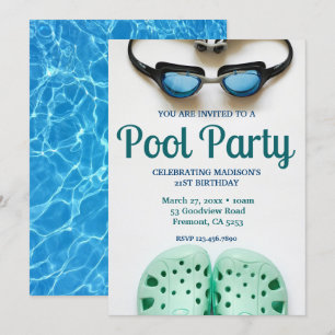 Blaue Schwimmbrille Geburtstag Schwimmbad Party Einladung