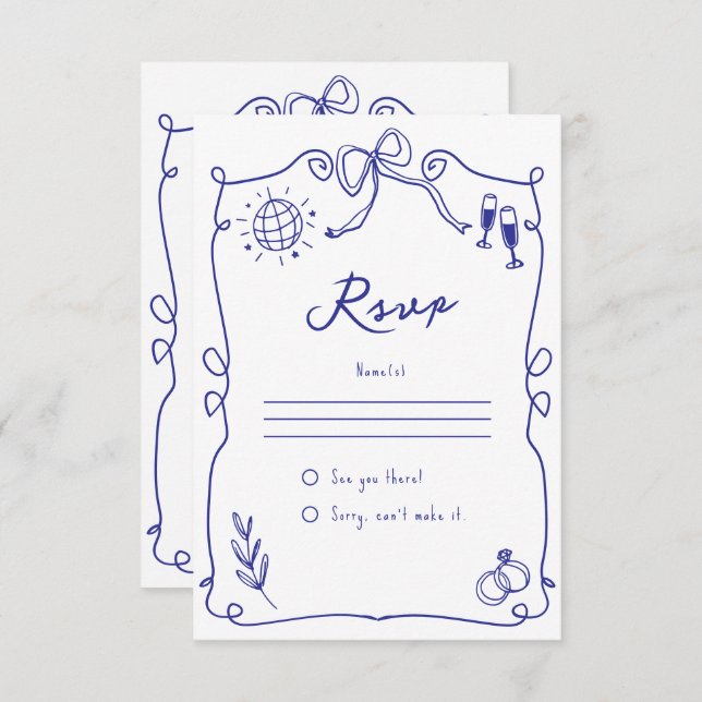 Blaue, schwindelerregende Whimsical-Quirky-Hand-Ho RSVP Karte (Vorne/Hinten)
