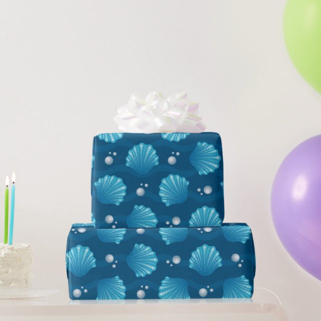 Blaue Seashell- und Meeresperlen Geschenkpapier (Partygeschenke)