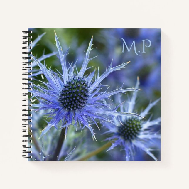Blaue See-Holly-Distel-Monogramm Notizbuch (Vorderseite)