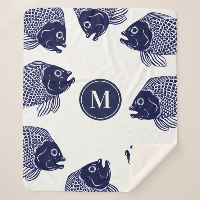 Blaue Seefischköpfe der Marine | Monogramm Sherpadecke (Vorderseite)