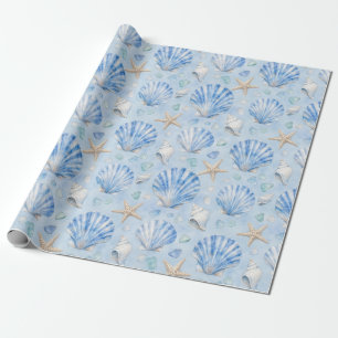 Blaue Seemuschel Seestern Wasserfarbe Ozean Muster Geschenkpapier