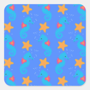 Blaue Seepferde und Starfish Muster Quadratischer Aufkleber