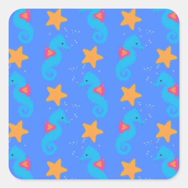 Blaue Seepferde und Starfish Muster Quadratischer Aufkleber (Vorderseite)