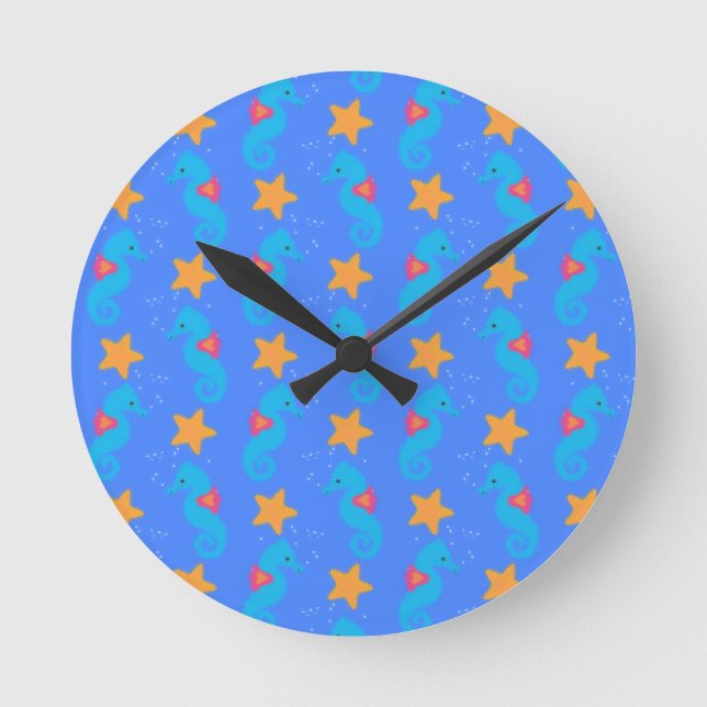 Blaue Seepferde und Starfish Muster Runde Wanduhr (Vorderseite)