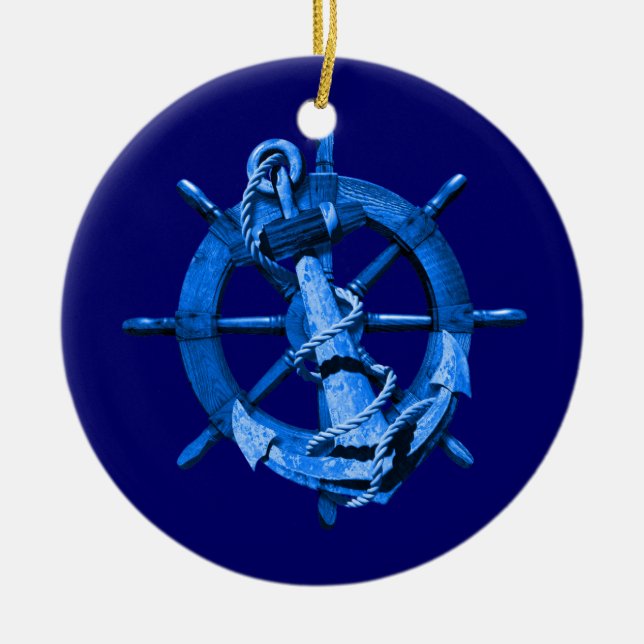 Blaue Seeschiffe Rad und Anker Keramikornament (Vorne)