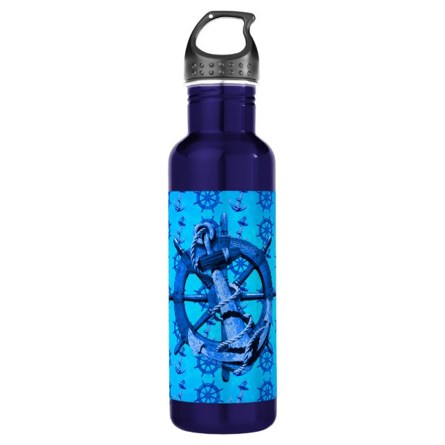 Blaue Seeschiffe Rad und Anker Trinkflasche (Vorderseite)