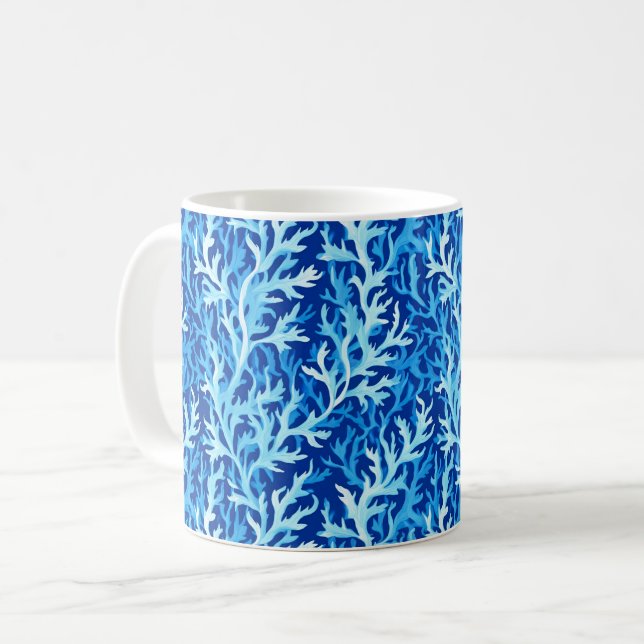 Blaue Seetang Küstenlinie Textile Muster Kaffeetasse (Vorderseite Links)