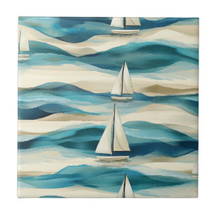 Blaue Segelboot Maritime Küstenmuster im Vintage-S Fliese