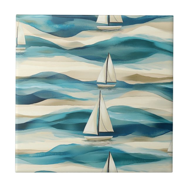 Blaue Segelboot Maritime Küstenmuster im Vintage-S Fliese (Vorderseite)