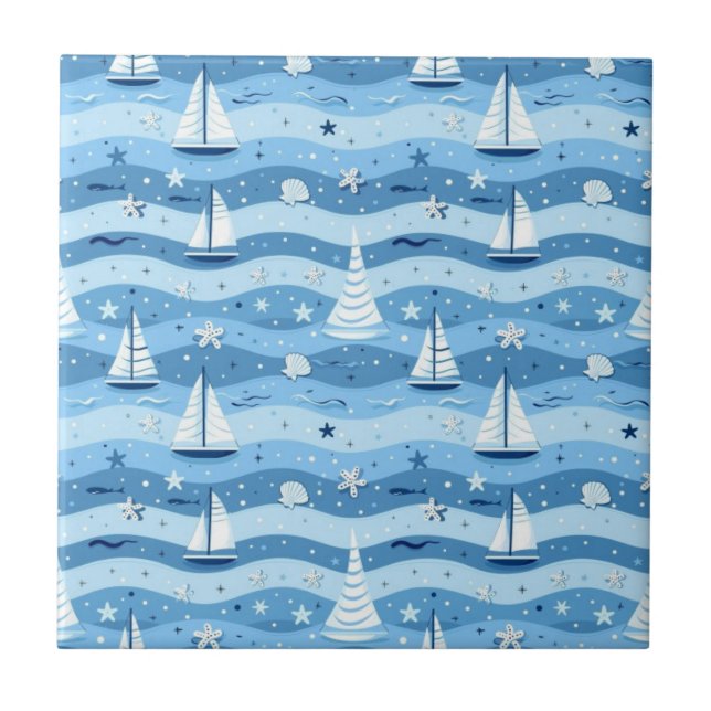 Blaue Segelboote Nautical Fliese (Vorderseite)