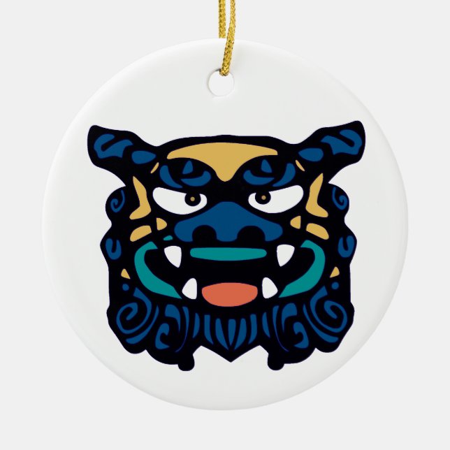 Blaue Shisa Paare Keramik Ornament (Vorne)