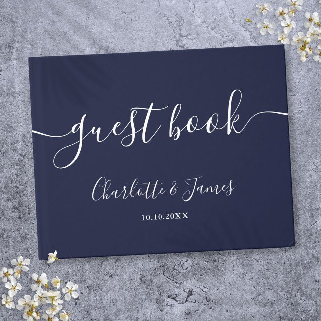 Blaue Signatur-Hochzeit Gästebuch (Navy Blue Signature Script Wedding Guest Book)