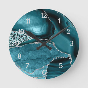 Blaue Silber-Achat-Safari-Glitter-Leoparden-Druck Runde Wanduhr
