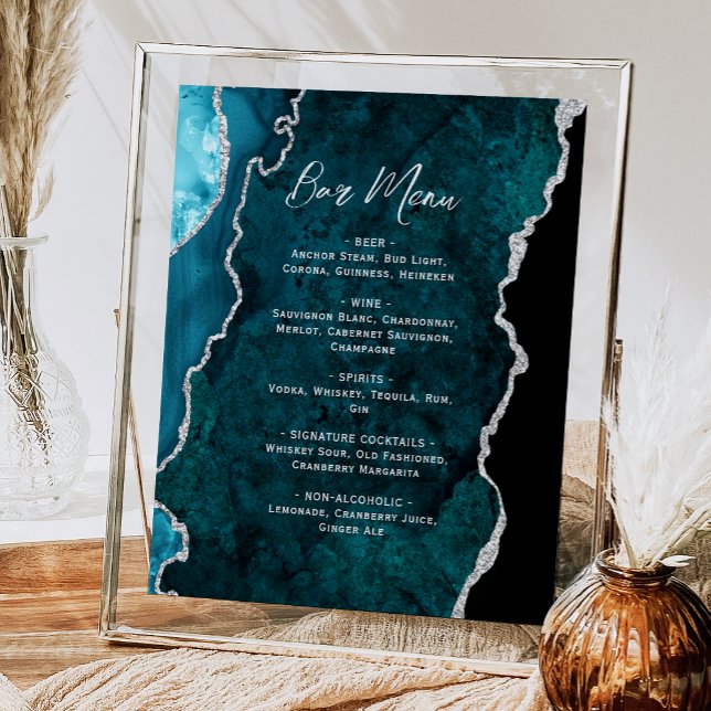 Blaue Silber-Achat-Schrift Hochzeitsbar-Menü  Poster (Von Creator hochgeladen)