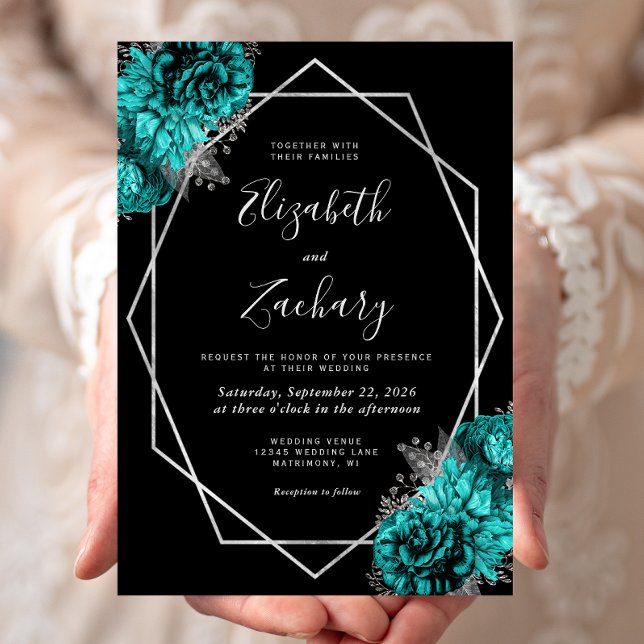 Blaue Silber Blumen Hochzeit in Schwarz Einladung (Von Creator hochgeladen)