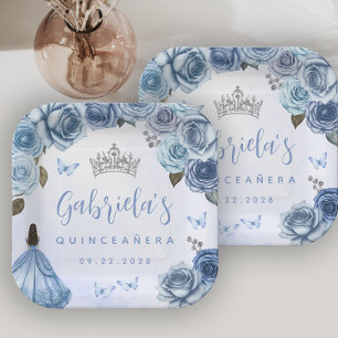 Blaue Silber Blumen Quinceañera-Party Pappteller