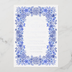 Blaue Silber-Chinoiserie-Floral-Französische Hochz Folieneinladung