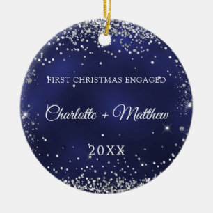 Blaue Silber-Glitter-Funken verlobtes Foto Keramik Ornament