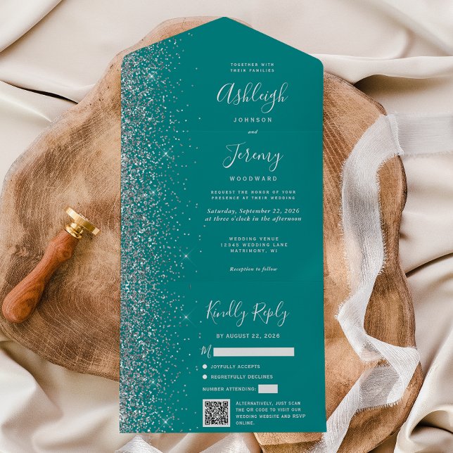 Blaue Silber-Glitter-QR-Code-Hochzeit All In One Einladung (Von Creator hochgeladen)