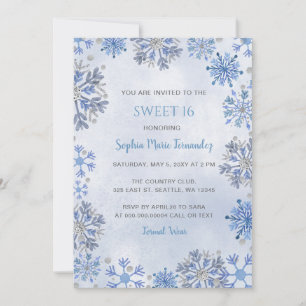 Blaue Silber Glitter Schneeflocken Winter Sweet 16 Einladung