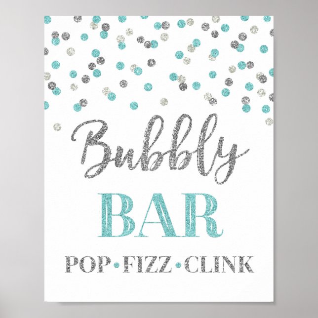 Blaue Silber-Konfetti-Bubbly-Bar-Schild Poster (Vorne)