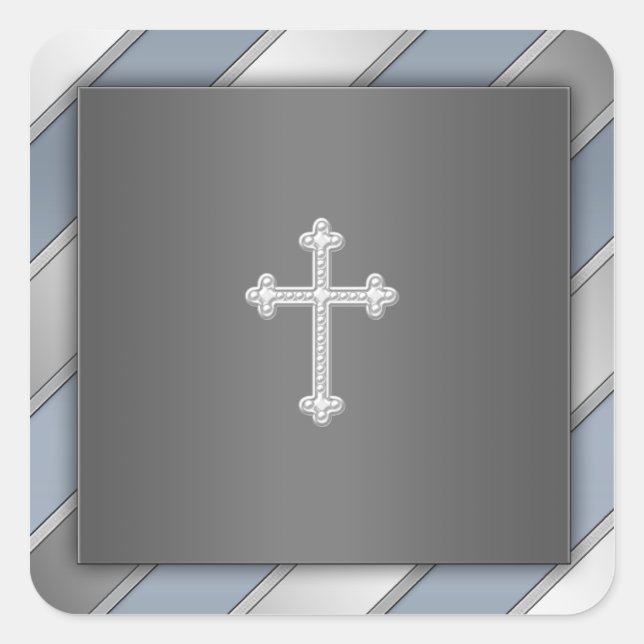 Blaue Silber Streifen Kreuz Christlicher Umschlag  Quadratischer Aufkleber (Vorderseite)