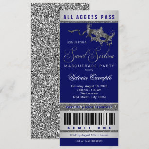 Blaue Silber Sweet 16 Maskenball-Party-Ticket  Einladung