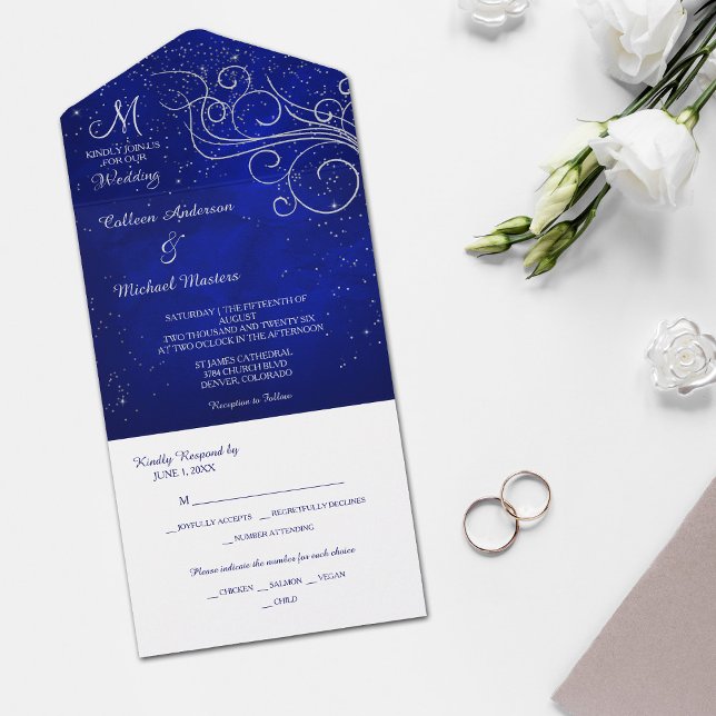 Blaue Silber Swirl Monogram Foto Template Wedding All In One Einladung (Von Creator hochgeladen)