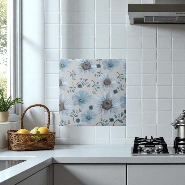 Blaue Silber-Wasserfarben-Blumen  Fliese (Von Creator hochgeladen)