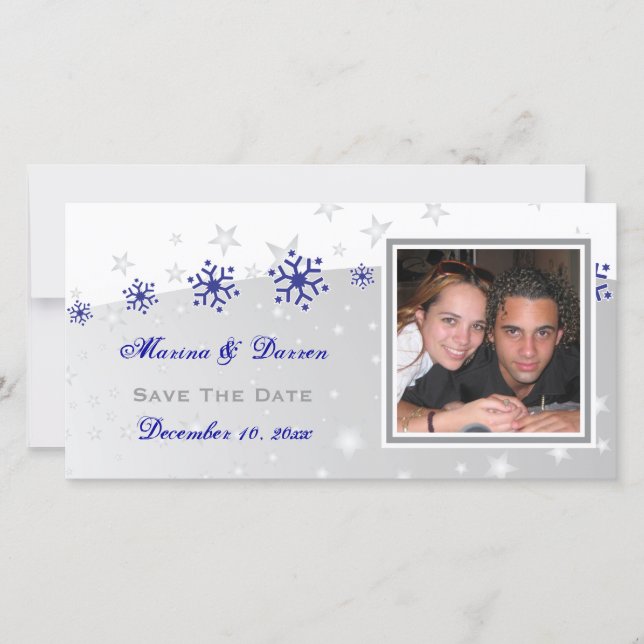 Blaue, silbergraue Schneeflocke Hochzeit Sichern S Save The Date (Vorderseite)