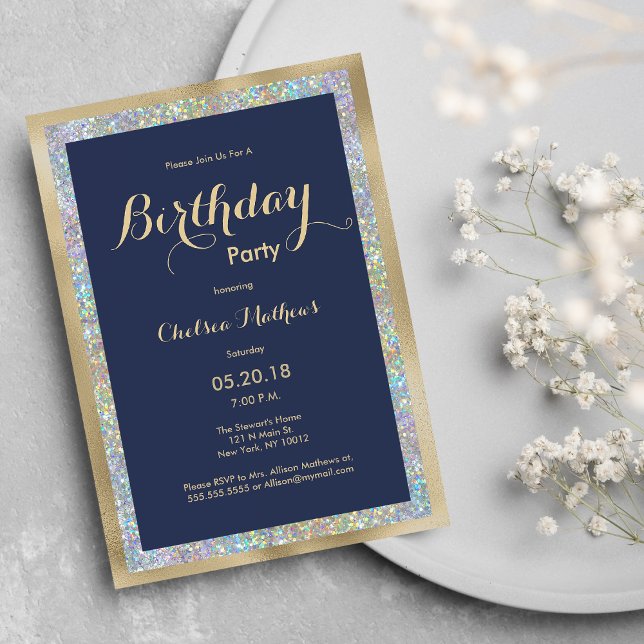 Blaue Silberholografie-Geburtstagsparty Einladung (Navy blue gold silver holographic Birthday Party )