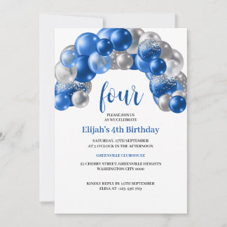 Blaue Silberne 4. Geburtstagseinladung Ballonparty Einladung