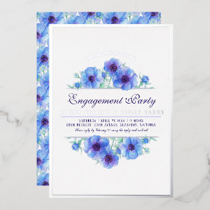Blaue silberne Anemone Blumen Aquarell Verlobung Folieneinladung