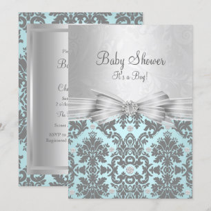 Blaue & silberne Damast-Baby-Shower-Einladung Einladung