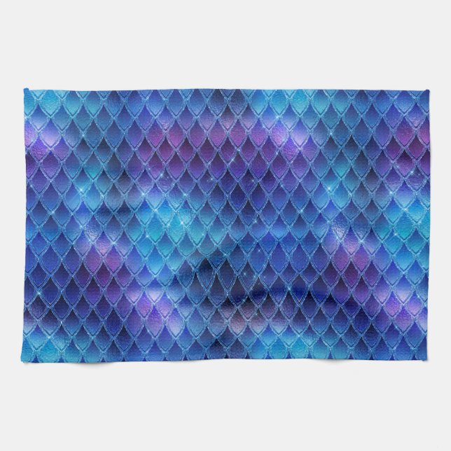 Blaue & silberne Glitzer-Drachenschuppen Geschirrtuch (Horizontal)