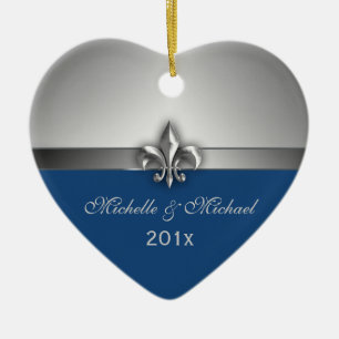 Blaue silberne Lilien-Paar-erstes Weihnachten Keramik Ornament