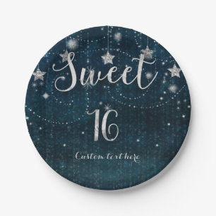 Blaue & silberne Sternen-Sweet-16-Whimsy-Party Pappteller