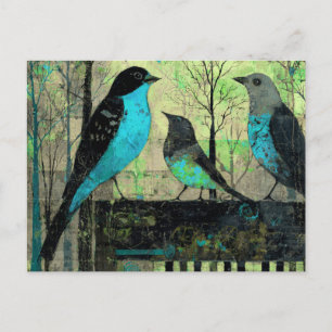 Blaue Singvögel auf antiker Klavierbank Postkarte