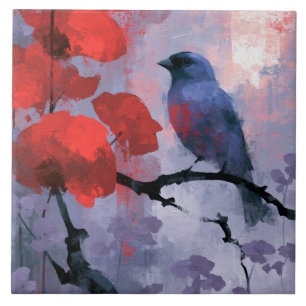 Blaue Singvögel mit kirschroten Blüten Fliese