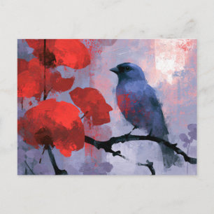 Blaue Singvögel mit kirschroten Blüten Postkarte