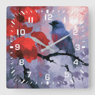 Blaue Singvögel mit kirschroten Blüten Quadratische Wanduhr