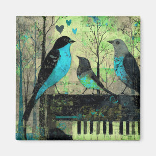 Blaue Singvögel sitzen auf einem Vintage-Piano Magnet