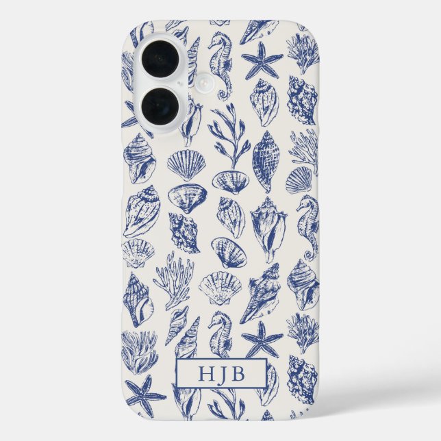 Blaue Sketch-Monogramm der Muscheln Case-Mate iPhone Hülle (Rückseite)