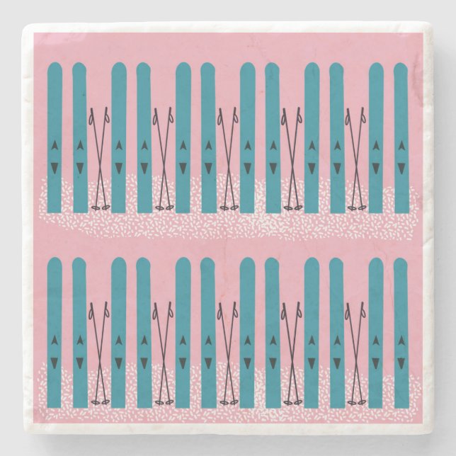 Blaue Skier auf rosa Untersetzer (Vorderseite)