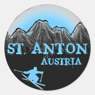 Blaue Skifahreraufkleber St. Anton Österreich Runder Aufkleber