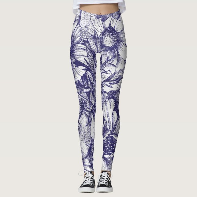 Blaue Skizze Blume Muster Leggings (Vorderseite)